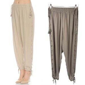 ELIE Tahari Mushroom Taupe Lace Up Tassle Trim Slim Fit Jogger Pants Size XS